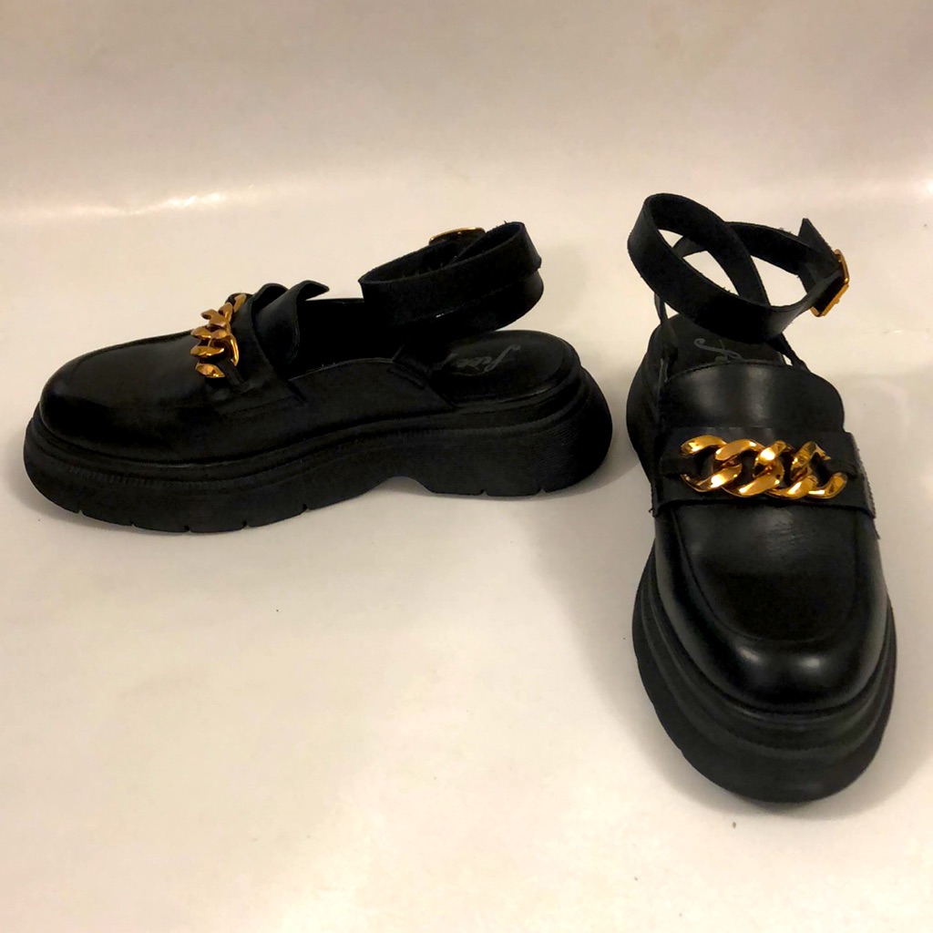 Free People Black Flats With Gold Chain Accent